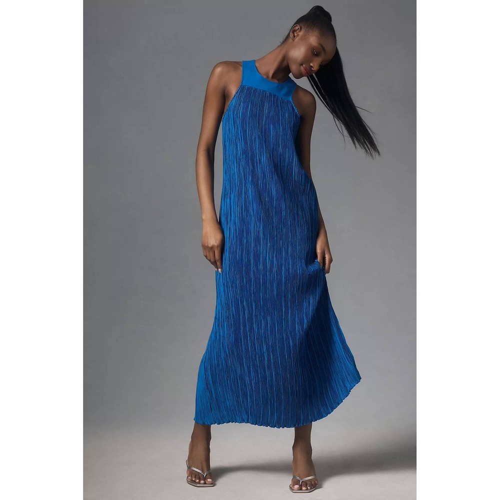 Anthropologie Women's Halter Plisse Maxi Dress Blue Pleated Sleeveless- Medium
